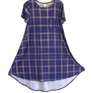 LulaRoe Navy Plaid Carly Dress Oversized Fit hi Low Short Sleeve Swing New - XS-